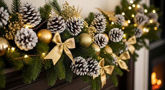 A festive Christmas garland adorned with pine cones, golden baubles, and bows, illuminated by warm fairy lights.