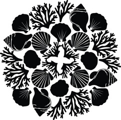 Vector Seashells and corals in a circle black silhouette illustration