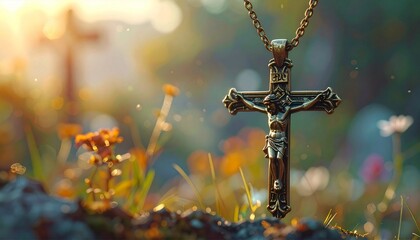 Close-up of Christian cross pendant with Jesus Christ on the cross on a string on a blurred background.