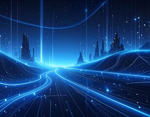 Futuristic Cityscape with Glowing Data Streams and Digital Network.