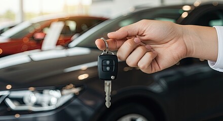 Car dealer hand holds keys closing new car deal. This successful deal is final