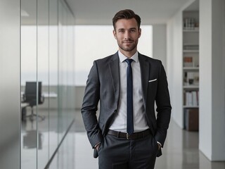 Photorealistic image of a professional man standing confidently in a modern minimalist office with bright natural lighting, neutral tones, and realistic corporate photography style
