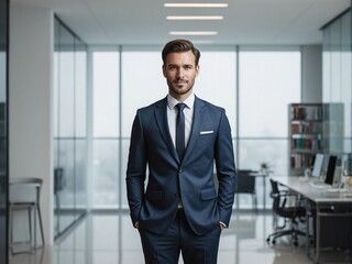 Photorealistic image of a professional man standing confidently in a modern minimalist office with bright natural lighting, neutral tones, and realistic corporate photography style
