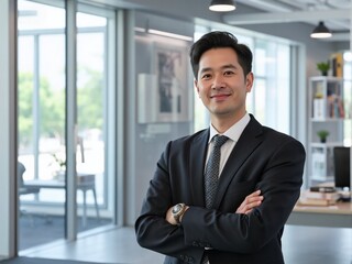 Photorealistic image of a professional man standing confidently in a modern minimalist office with bright natural lighting, neutral tones, and realistic corporate photography style
