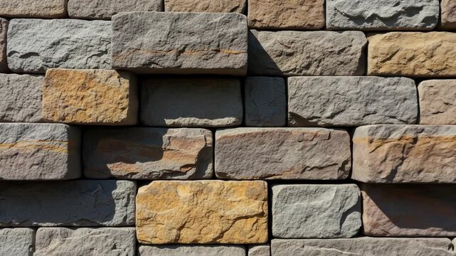 Textured stone wall with varied color and rough edges, showing light and shadow