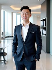 Photorealistic image of a professional man standing confidently in a modern minimalist office with bright natural lighting, neutral tones, and realistic corporate photography style

