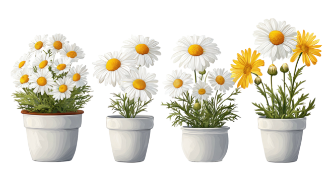Five potted daisies in various stages of bloom - Powered by Adobe