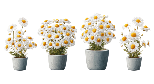 Four potted daisies in various stages of bloom