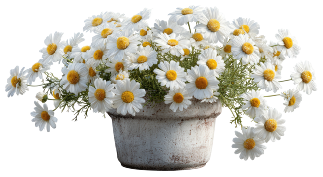 A bouquet of white daisies in a rustic pot