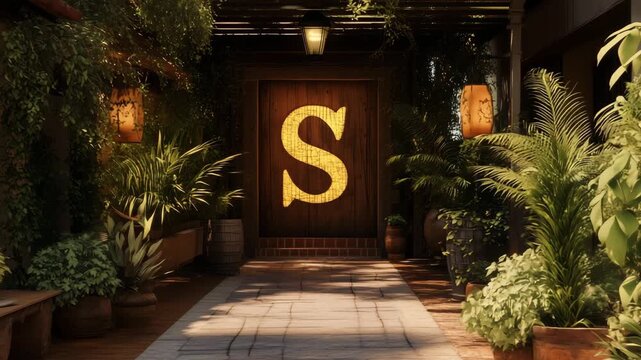 A cozy entrance to a tropical garden illuminated by warm lanterns, featuring vibrant plants and a welcoming atmosphere during the evening