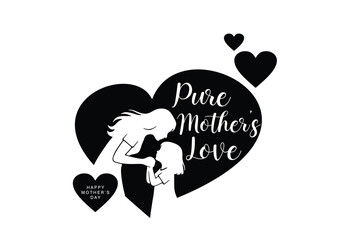 Silhouette of mother and child inside heart shape, Happy Mother’s Day design.