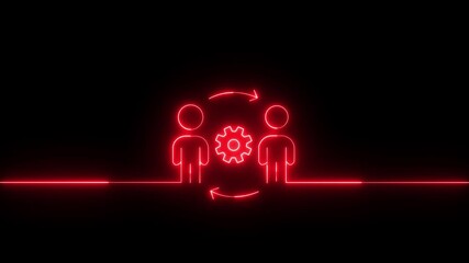 Neon line setting concept business man side with gears icon animation., Business analysis symbol 4K Video motion graphic. Neon man with gear wheels on black background concept of business workflow and