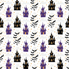 Spooky halloween castle and bat seamless pattern vector