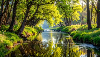 Serene Forest Stream - A Tranquil Reflection of Natures Beauty.