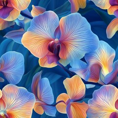 Close up view of vibrant multicolored orchid flowers against a deep blue backdrop
