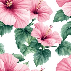 Delicate pink hibiscus flowers with green leaves create a repeating floral pattern on a white background