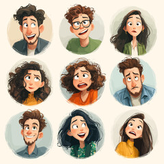 Diverse human emotions portrait collection, cheerful, sad, surprised faces – ideal for psychology, wellbeing, and character design projects.