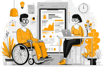 Inclusive workplace illustration featuring diverse team members, data analysis, and accessibility, in a modern, warm orange and grey palette.