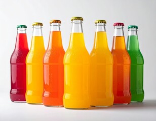 Seven Vibrant Cold Beverages with Droplets.