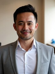 Photorealistic portrait of a man in a modern office with soft daylight and minimalist decor, confident and approachable expression, professional business photography style
