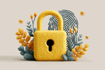 3D rendered yellow padlock with floral elements and fingerprint, symbolizing data security, privacy, and digital protection concepts.