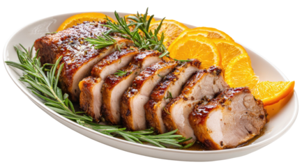 Sliced roasted pork tenderloin with orange slices and rosemary (1)