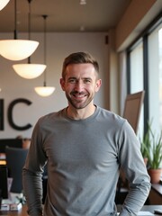 Photorealistic portrait of a man in a modern office with soft daylight and minimalist decor, confident and approachable expression, professional business photography style
