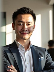 Photorealistic portrait of a man in a modern office with soft daylight and minimalist decor, confident and approachable expression, professional business photography style
