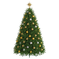 Fototapeta premium Festive Christmas Tree Decorated with Gold and Silver Ornaments Isolated on Transparent PNG