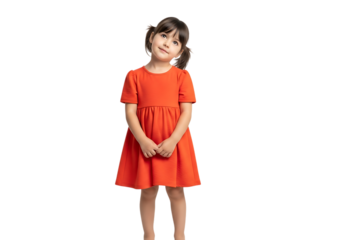 A young girl with dark hair in pigtails, wearing an orange dress, standing with her hands clasped and a tilted head, isolated on transparent background