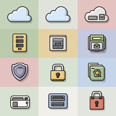 Colorful flat design security and data storage icons set for web, apps, and digital marketing materials. (vector illustration)