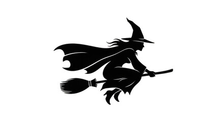 Fototapeta premium Witch Flying on a Broomstick Silhouette Isolated on Transparent PNG Background