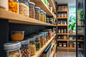 Shelves filled with glass jars containing various dry goods grains and spices in a pantry
