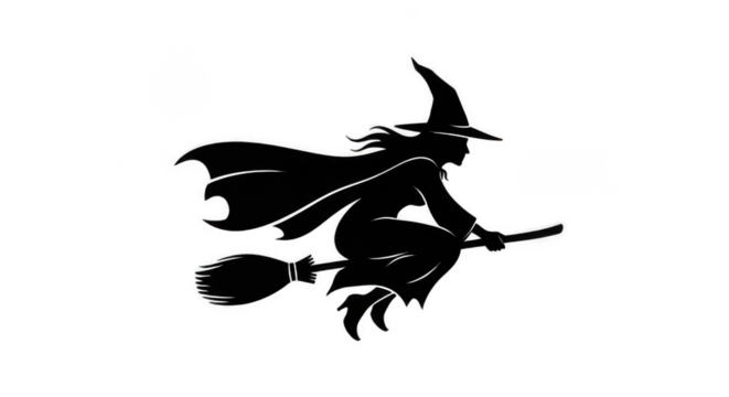 Witch Flying on a Broomstick Silhouette Isolated on Transparent PNG Background