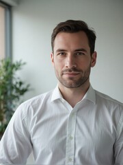 Photorealistic portrait of a man in a modern office with soft daylight and minimalist decor, confident and approachable expression, professional business photography style
