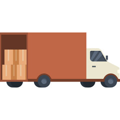 Brown Cargo Truck Filled With Cardboard Boxes Open Rear Door Isolated on White Background Simple Flat Design Illustration