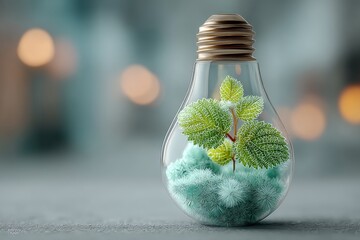 Glass lightbulb containing a small green plant and fluffy blue material against a blurred background