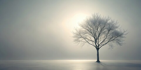 A solitary, leafless tree stands serene on a frozen expanse, bathed in the soft glow of a muted sun, a tranquil winter scene of stark beauty and quiet contemplation.