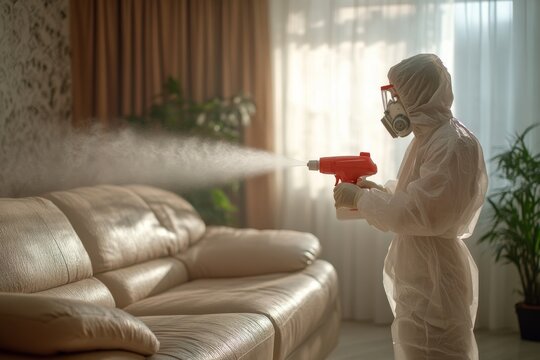 Person in protective suit and mask sprays disinfectant mist onto beige leather sofa