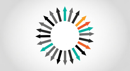 Obraz premium Abstract circular pattern of multicolored arrows radiating from a center point, representing flow, connection, and movement.