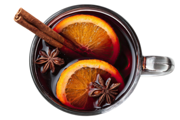 Overhead view of warm spiced beverage