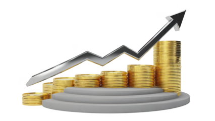 A silver arrow graph shows an upward trend over stacks of gold coins on a gray podium, isolated on transparent background