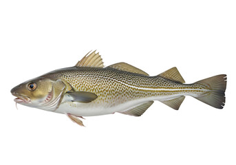 A single atlantic cod fish, gadus morhua, with distinctive markings and barbels, swimming horizontally, isolated on transparent background