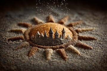 Sun shape sculpted from sand with a miniature castle silhouette and falling sand particles