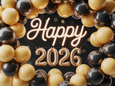 Celebrate the arrival of the new year 2026 with this festive collection of gold and black balloons and glowing text a joyful and elegant way to welcome the future