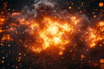 Bright orange explosion with smoke and glowing particles against a dark background