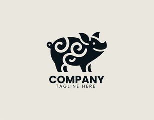 Circular monochrome pig head silhouette vector logo illustration with stylized crescent moon and organic wheat stalk. Food concept