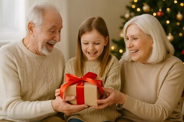 Grandparents Giving Christmas Presents to Grandchildren