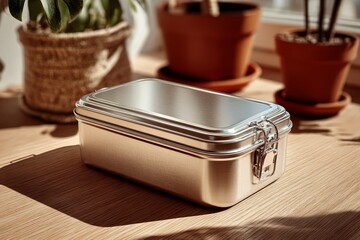 A brushed metal lunchbox with latches sits on a wooden surface with potted plants in the background