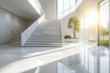 Fototapeta premium Modern white marble staircase with large windows and sunlight streaming in featuring potted trees